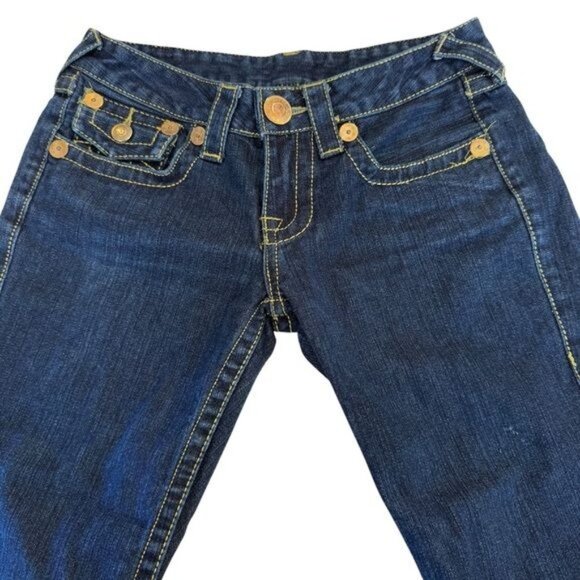 True Religion Jeans Joey Big T Flare Twisted Leg Size 27 Waist Denim Gold Stitch - Picture 3 of 13